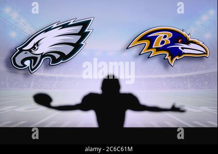 Philadelphia Eagles vs. Baltimore Ravens. Fans support on NFL Game.  Silhouette of supporters, big screen with two rivals in background Stock  Photo - Alamy