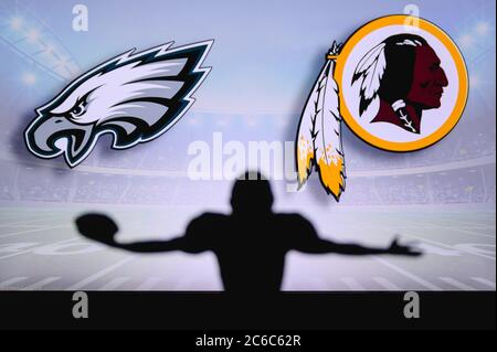 Philadelphia Eagles vs. Washington Redskins. NFL Game. American Football  League match. Silhouette of professional player celebrate touch down.  Screen Stock Photo - Alamy