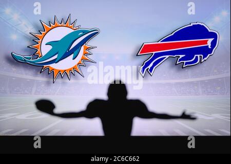 Denver Broncos. Silhouette Of Professional American Football Player. Logo  Of NFL Club In Background, Edit Space. Stock Photo, Picture And Royalty  Free Image. Image 152496541.