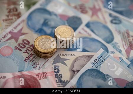 Bunch of Various Turkish Currency Lira Banknotes and Coins Stock Photo