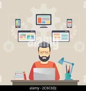 Man software engineer concept with design, optimization, responsive and developer solutions Stock Vector