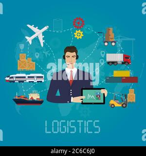 Vector logistics manager agent concept. Delivery cargo vector service illustration. Stock Vector