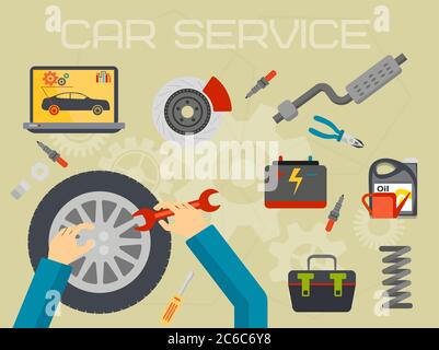Car repair service center concept with worker man. Stock Vector