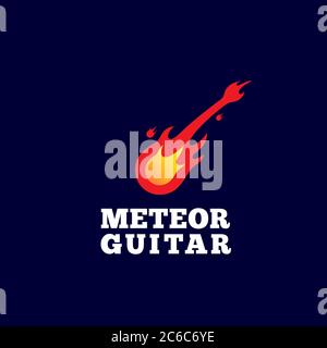 Meteor Guitar Abstract Vector Sign, Emblem or Logo Template. Music Instrument Shaped Comet Silhouette. Stock Vector