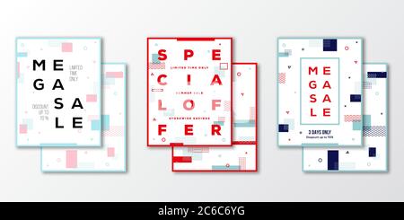Sale Posters, Cards or Flyer Template Set. Modern Abstract Flat Swiss Style Background with Decorative Elements, Creative Typography. Vibrant Colors Stock Vector