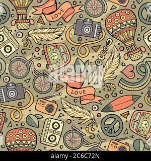 Cartoon vector hippie seamless pattern Stock Vector