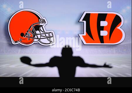 Cleveland Browns vs. Cincinnati Bengals . NFL Game. American Football League match. Silhouette of professional player celebrate touch down. Screen in Stock Photo