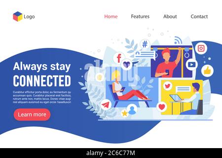 Landing page always stay connected creative website colorful vector illustration template. Business correspondence flat design online web development. Stay in touch using technology. Stock Vector