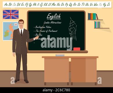 School English male teacher in audience class concept. Vector illustration Stock Vector