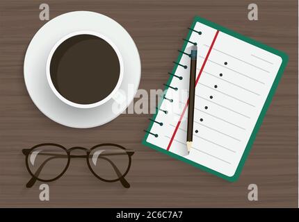 notepad with pencil, glasses and coffee on wood table in Cafe or offices Stock Vector