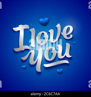 I Love You Abstract Vector 3D Greeting Card. Hand Made Premium Quality Lettering with Hearts. Soft Shadows and Lights. Silver on Blue Background Stock Vector