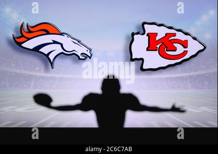 Denver Broncos vs. Kansas City Chiefs. Fans support on NFL Game. Silhouette  of supporters, big screen with two rivals in background Stock Photo - Alamy