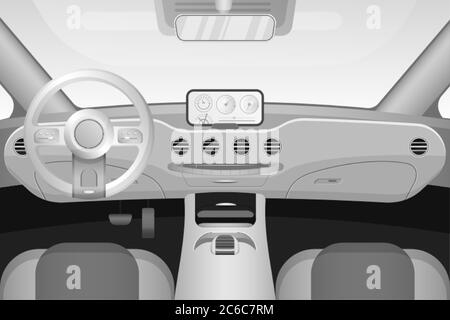 Realistic black and white car interior with dashboard windshield vector illustration Stock Vector