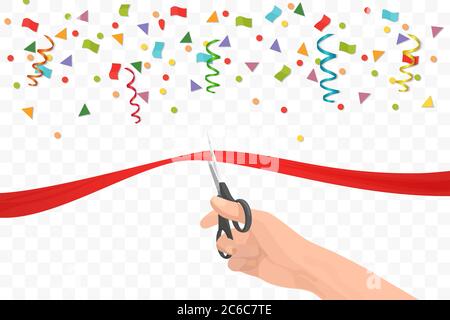 Hand holding scissors and cutting red ribbon on the transperant background. Opening ceremony or celebration and event Stock Vector