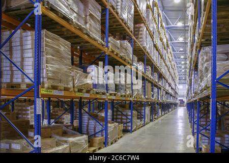 St. Petersburg, Russia - November 21, 2008: Warehouse racking or pallet rack systems in a logistics complex with warehousing services. Stock Photo