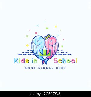 Kids School Abstract Vector Sign, Emblem or Logo Template. Cheerful Funny Whales with Book Illustration. Isolated Stock Vector