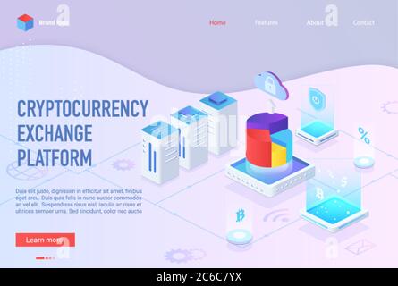 Isometric cryptocurrency exchange light purple web landing page. Blockchain business, crypto market concept vector illustration for website, banner, poster. Online digital currency financial platform Stock Vector