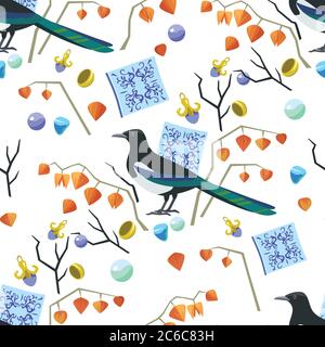 Cute original seamless pattern with magpie, majolic elements and jewelry. Vector illustration. Stock Vector