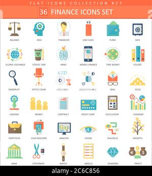 Vector Finance color flat icon set. Elegant style design Stock Vector