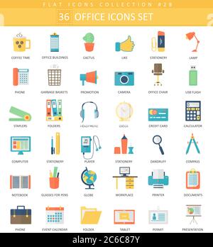 Vector Office color flat icon set. Elegant style design Stock Vector