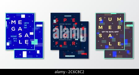 Sale Posters, Cards or Flyer Template Set. Abstract Swiss Style Background with Decorative Elements, Creative Typography. Soft Realistic Shadows. Stock Vector