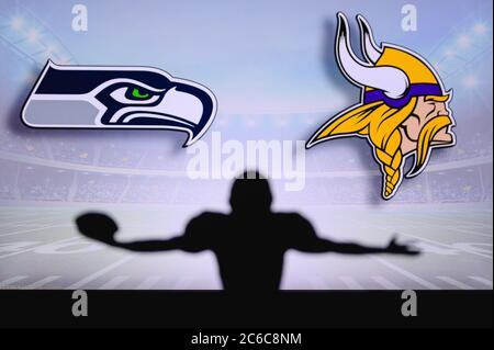 Seattle Seahawks vs. Minnesota Vikings . NFL match poster. Two american  football players silhouette facing each other on the field. Clubs logo in  back Stock Photo - Alamy