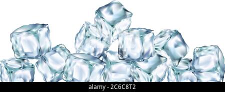 Ice cubes transparent vector 3d illustration realistic set. Water freeze Clip art for your design. Stock Vector