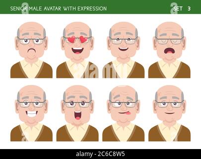 Set of grandpa facial emotions. Senior male cartoon style character with different expressions. Vector illustration. Stock Vector