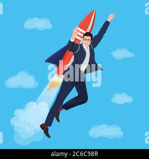 Happy Businessman flying with rocket backpack. Vector illustration Stock Vector