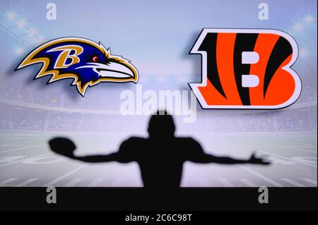 Baltimore Ravens vs. Cincinnati Bengals. Fans support on NFL Game.  Silhouette of supporters, big screen with two rivals in background Stock  Photo - Alamy