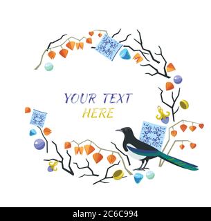Cute frame for your design with magpie, majolic elements, physalis and jewelry. Vector illustration. Stock Vector