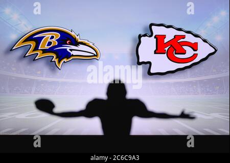 Baltimore Ravens vs. Tennessee Titans . NFL Game. American Football League  match. Silhouette of professional player celebrate touch down. Screen in ba  Stock Photo - Alamy