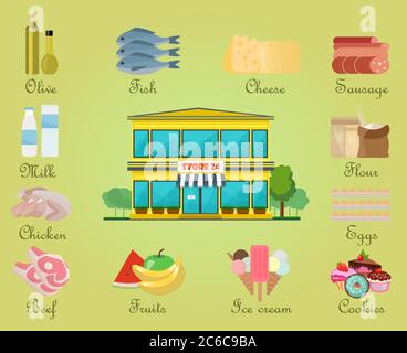 Shopping product store center building with concept icons Stock Vector