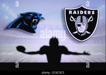 Denver Broncos vs. Las Vegas Raiders. NFL Game. American Football League  match. Silhouette of professional player celebrate touch down. Screen in  back Stock Photo - Alamy