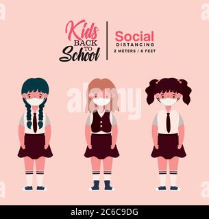 Girls kids with uniforms and medical masks design, Back to school and social distancing theme Vector illustration Stock Vector