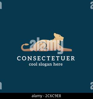 Lying Golden Lion Abstract Vector Sign, Emblem or Logo Template. Flat Style Graceful Lioness Silhouette with Typography on Dark Background Stock Vector