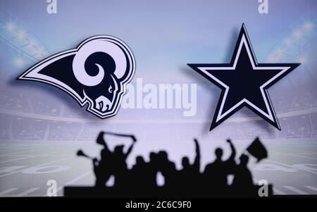 Los Angeles Rams vs. Dallas Cowboys. Fans support on NFL Game. Silhouette of supporters, big screen with two rivals in background. Stock Photo