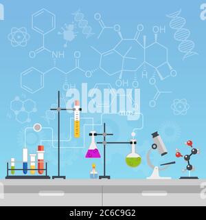 Chemical laboratory science and technology flat style design vector illustration. Scientists workplace concept Stock Vector