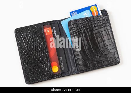 Open wallet or purse with cards, debit, credit, bank - concept for cashless, no cash, no physical money, move towards cashless society, contactless Stock Photo