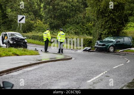 Station Road, Saintfield, County Down, Northern Ireland, July 8th 2020:  Police at the scene of a serious road traffic collision, the accident which took place shortly after 4PM BST continues to close the road. C.A Kinahan/Alamy Live News Stock Photo