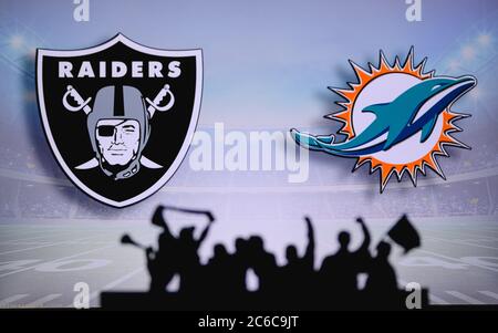 Las Vegas Raiders vs. Miami Dolphins. Fans support on NFL Game. Silhouette  of supporters, big screen with two rivals in background Stock Photo - Alamy