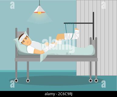 Man with broken leg and hand in Hospital. Vector illustration Stock Vector