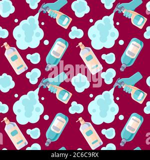 Aerosol bottles on red backdrop. Antiseptic spray seamless pattern for wrapping paper, sleeper, pillowcase or bed linen, bath tile. Phone case or clot Stock Vector