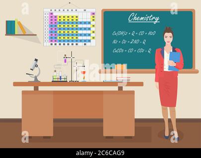 School Chemical female teacher in audience class concept. Students and teachers science and education knowledge vector illustration. Stock Vector