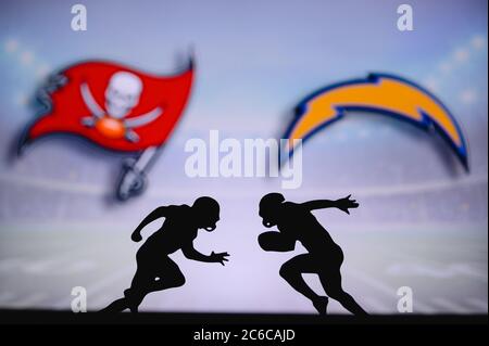 Tampa Bay Buccaneers Vs. Kansas City Chiefs. NFL Match Poster. Two American  Football Players Silhouette Facing Each Other On The Field. Clubs Logo In  Background. Rivalry Concept Photo. Stock Photo, Picture and