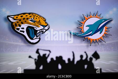 Jacksonville Jaguars vs. Miami Dolphins. Fans support on NFL Game.  Silhouette of supporters, big screen with two rivals in background Stock  Photo - Alamy