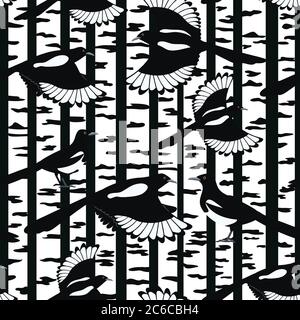 Seamless pattern with magpies birds flying in a birch forest. Vector illustration.  Stock Vector
