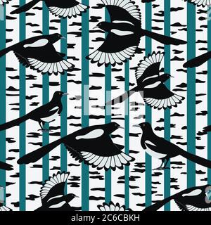 Seamless pattern with magpies birds flying in a birch forest. Vector illustration. Stock Vector