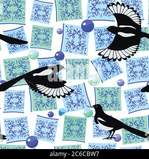 Cute original seamless pattern with magpie, majolic elements and jewelry. Vector illustration. Stock Vector