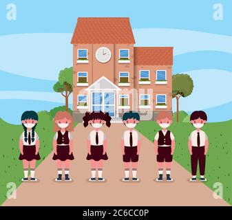 Girls and boys kids with uniforms and medical masks in front of school design, Back to school and social distancing theme Vector illustration Stock Vector